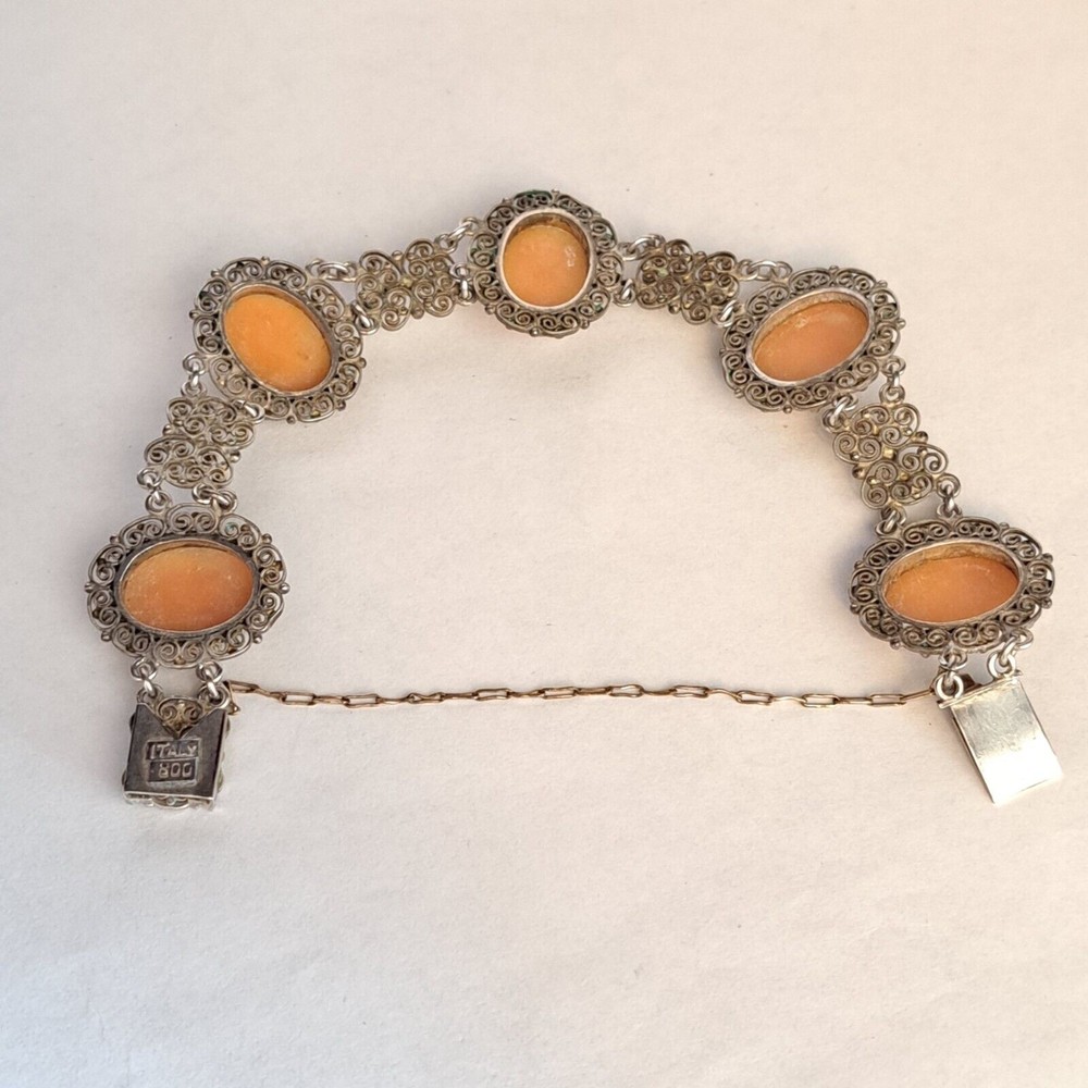 Antique Cameo Panel Silver Bracelet Filigree Italy 800 Marked Gold Chain Links - Picture 9 of 11